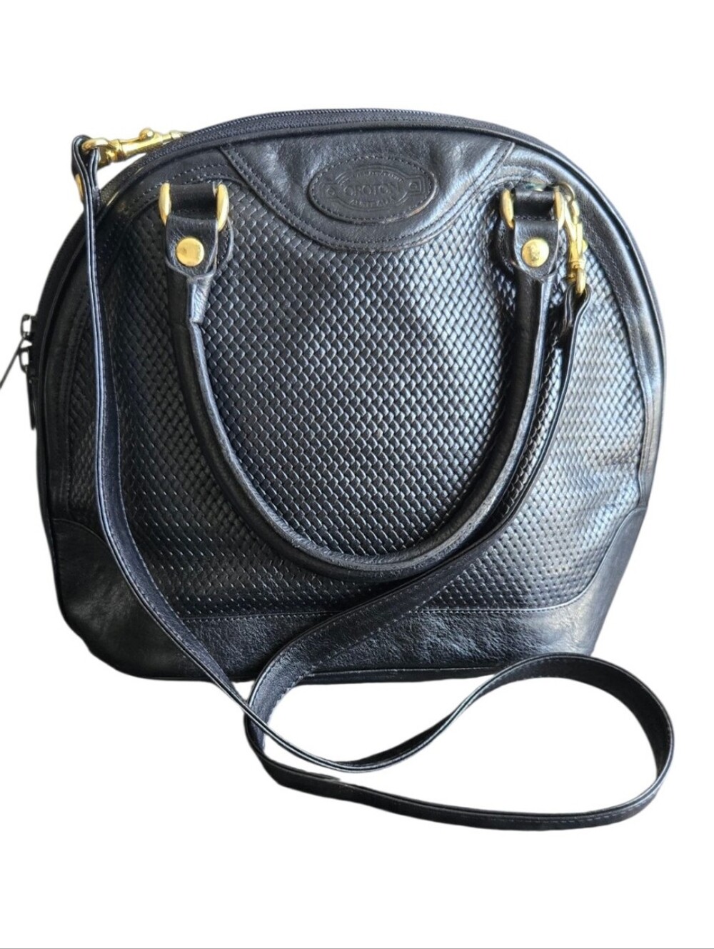Oroton Vintage Black Cowhide Woven Crossbody Bag